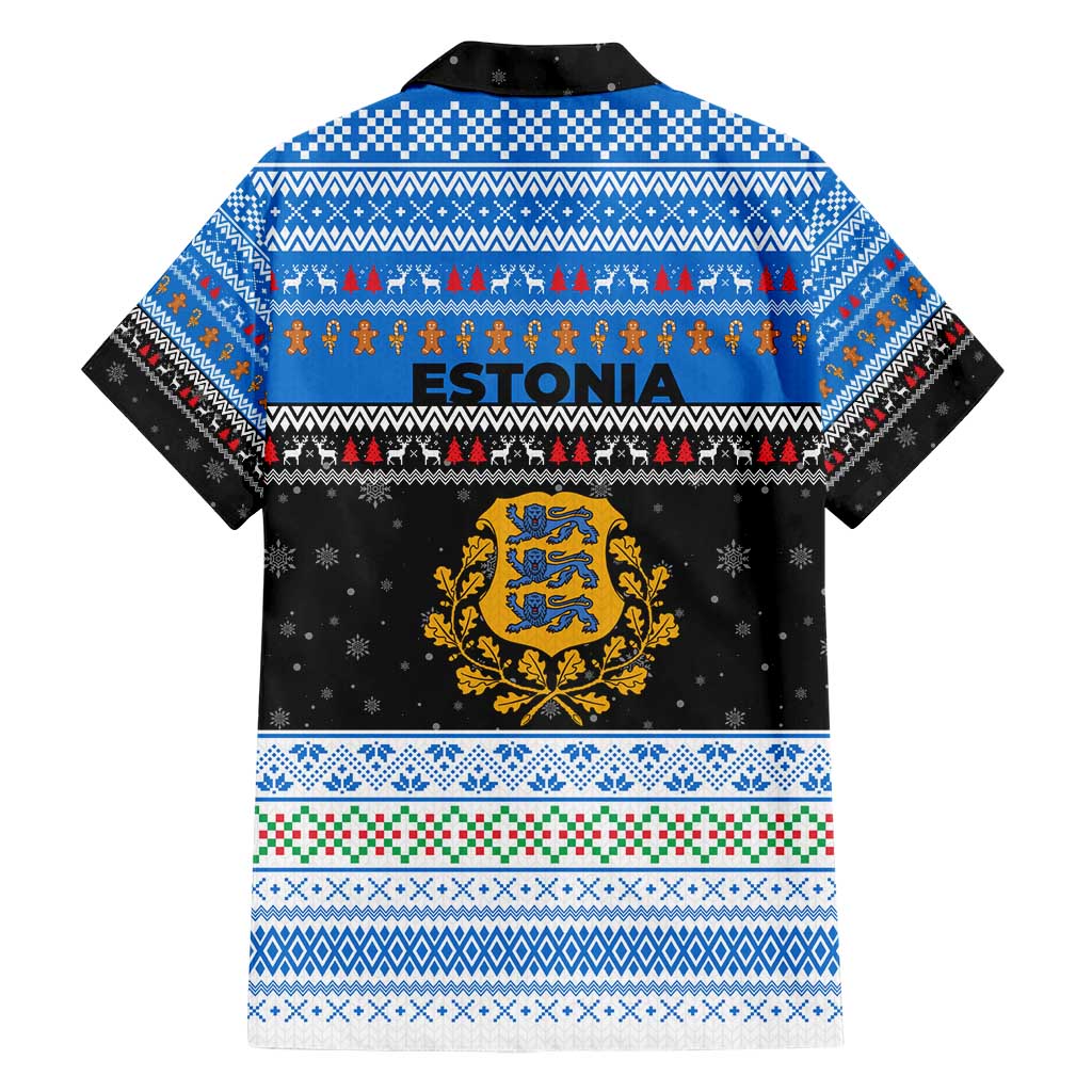 Estonia Christmas Hawaiian Shirt with Reindeer Gingerbread Snowflakes National Emblem and Winter Forest - Wonder Print Shop