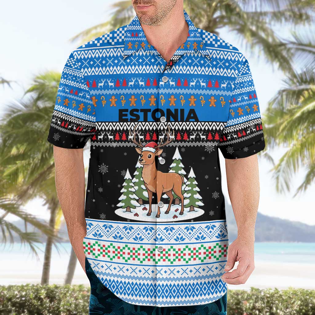 Estonia Christmas Hawaiian Shirt with Reindeer Gingerbread Snowflakes National Emblem and Winter Forest - Wonder Print Shop