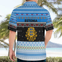 Estonia Christmas Hawaiian Shirt with Reindeer Gingerbread Snowflakes National Emblem and Winter Forest - Wonder Print Shop
