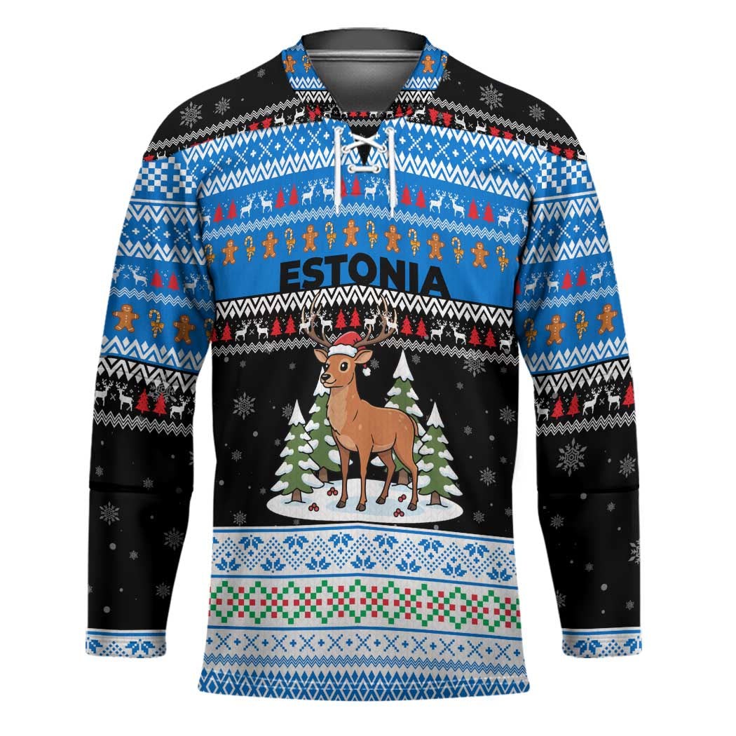 Estonia Christmas Hockey Jersey with Reindeer Gingerbread Snowflakes National Emblem and Winter Forest - Wonder Print Shop