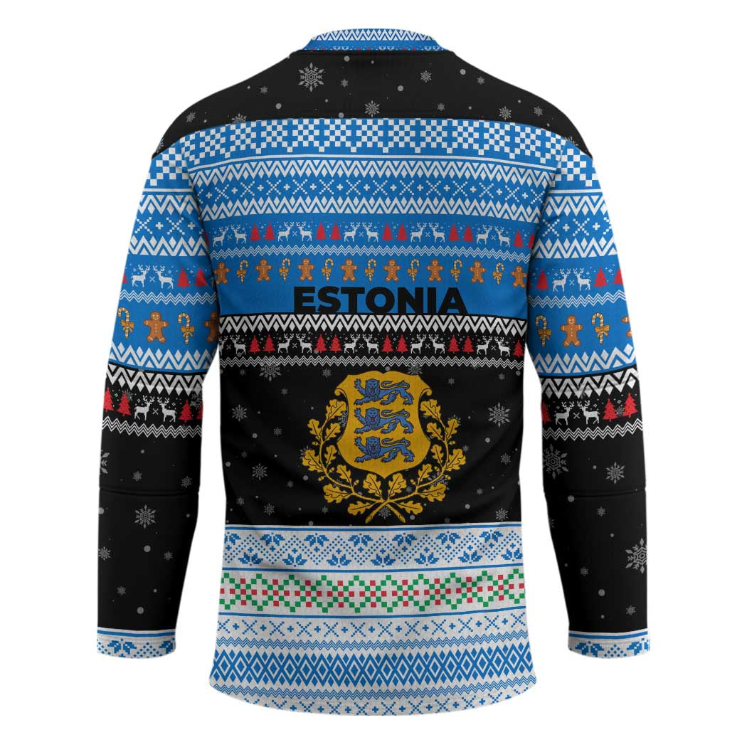 Estonia Christmas Hockey Jersey with Reindeer Gingerbread Snowflakes National Emblem and Winter Forest - Wonder Print Shop