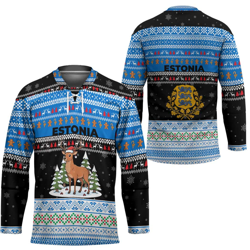 Estonia Christmas Hockey Jersey with Reindeer Gingerbread Snowflakes National Emblem and Winter Forest - Wonder Print Shop