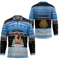 Estonia Christmas Hockey Jersey with Reindeer Gingerbread Snowflakes National Emblem and Winter Forest - Wonder Print Shop