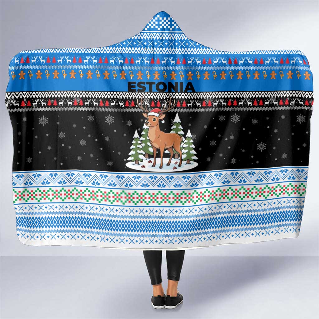Estonia Christmas Hooded Blanket with Reindeer Gingerbread Snowflakes National Emblem and Winter Forest - Wonder Print Shop
