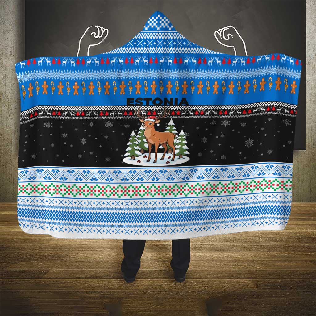 Estonia Christmas Hooded Blanket with Reindeer Gingerbread Snowflakes National Emblem and Winter Forest - Wonder Print Shop