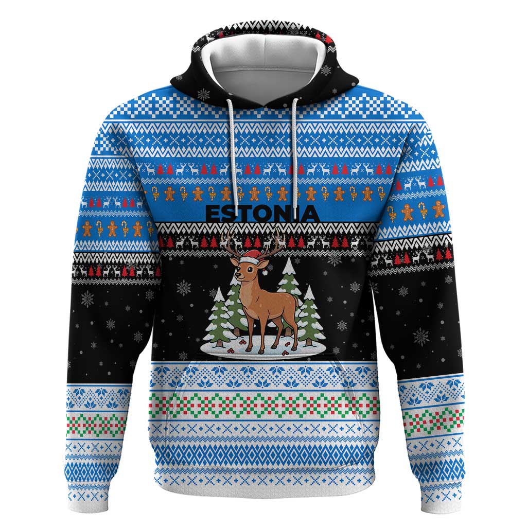 Estonia Christmas Hoodie with Reindeer Gingerbread Snowflakes National Emblem and Winter Forest - Wonder Print Shop