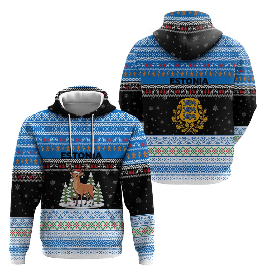 Estonia Christmas Hoodie with Reindeer Gingerbread Snowflakes National Emblem and Winter Forest - Wonder Print Shop