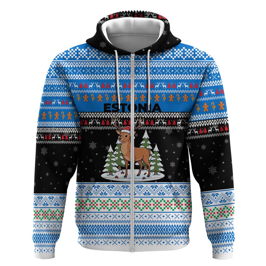 Estonia Christmas Hoodie with Reindeer Gingerbread Snowflakes National Emblem and Winter Forest - Wonder Print Shop
