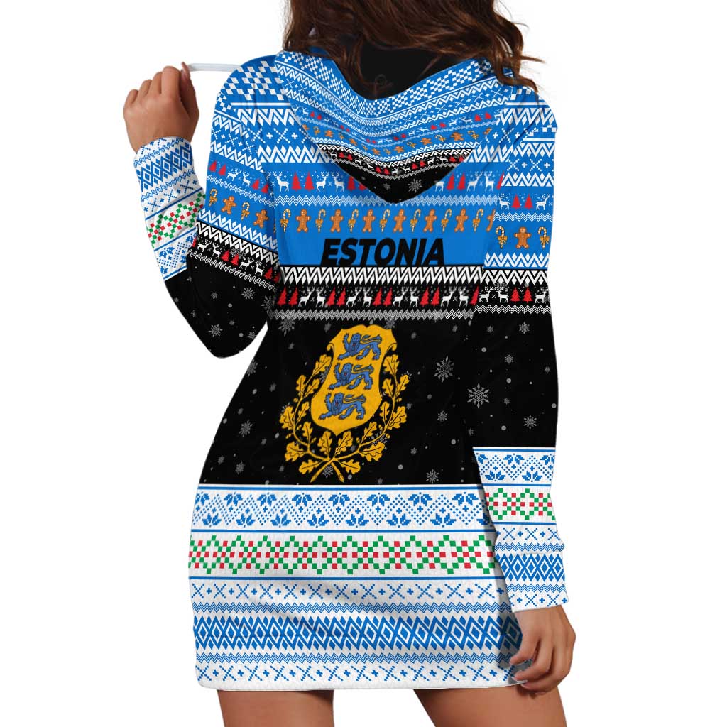 Estonia Christmas Hoodie Dress with Reindeer Gingerbread Snowflakes National Emblem and Winter Forest - Wonder Print Shop