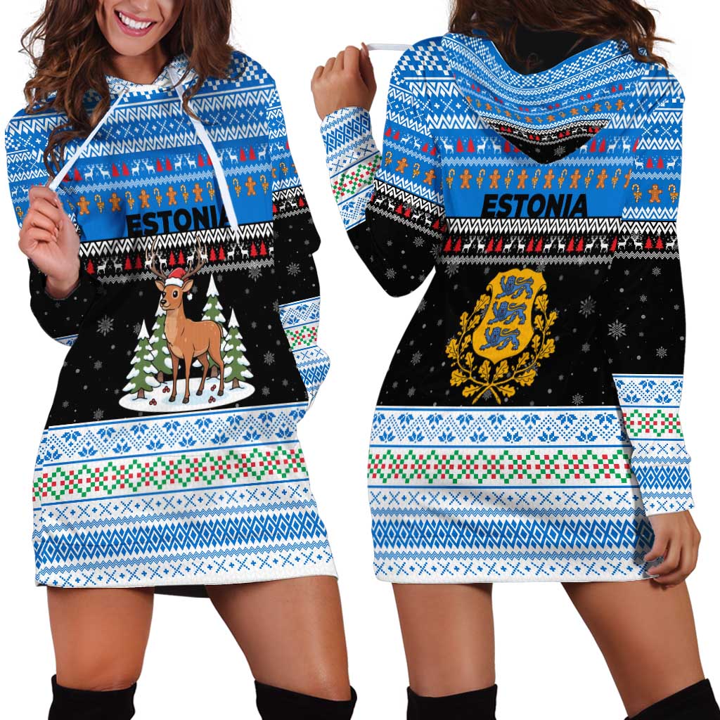 Estonia Christmas Hoodie Dress with Reindeer Gingerbread Snowflakes National Emblem and Winter Forest - Wonder Print Shop