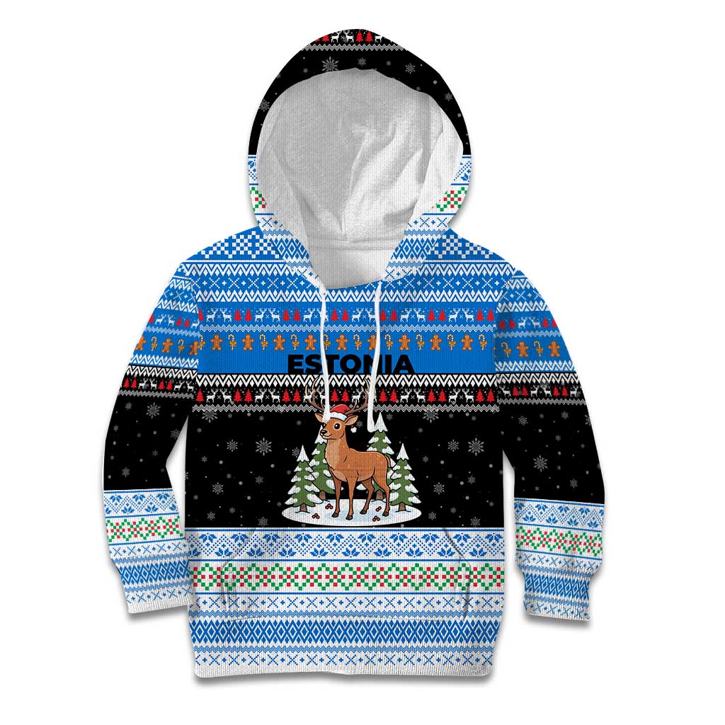 Estonia Christmas Kid Hoodie with Reindeer Gingerbread Snowflakes National Emblem and Winter Forest - Wonder Print Shop
