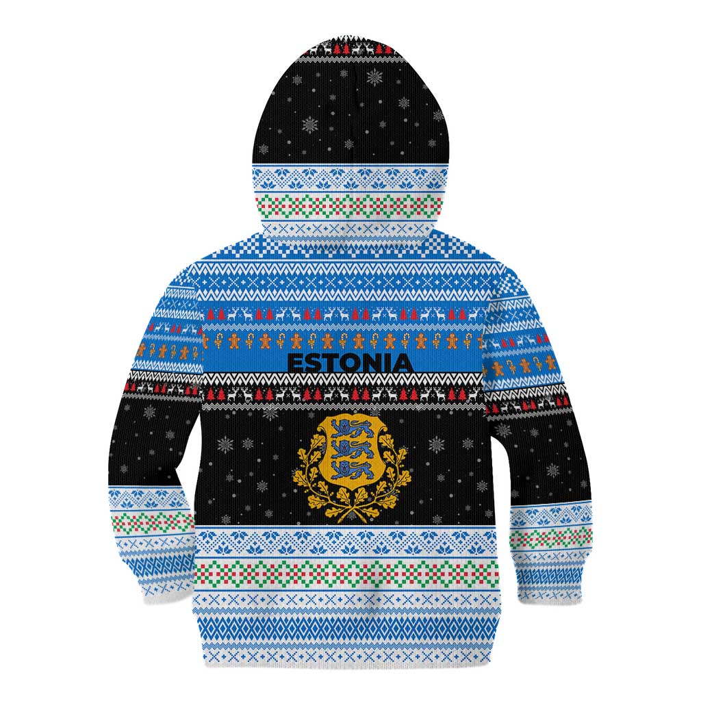 Estonia Christmas Kid Hoodie with Reindeer Gingerbread Snowflakes National Emblem and Winter Forest - Wonder Print Shop