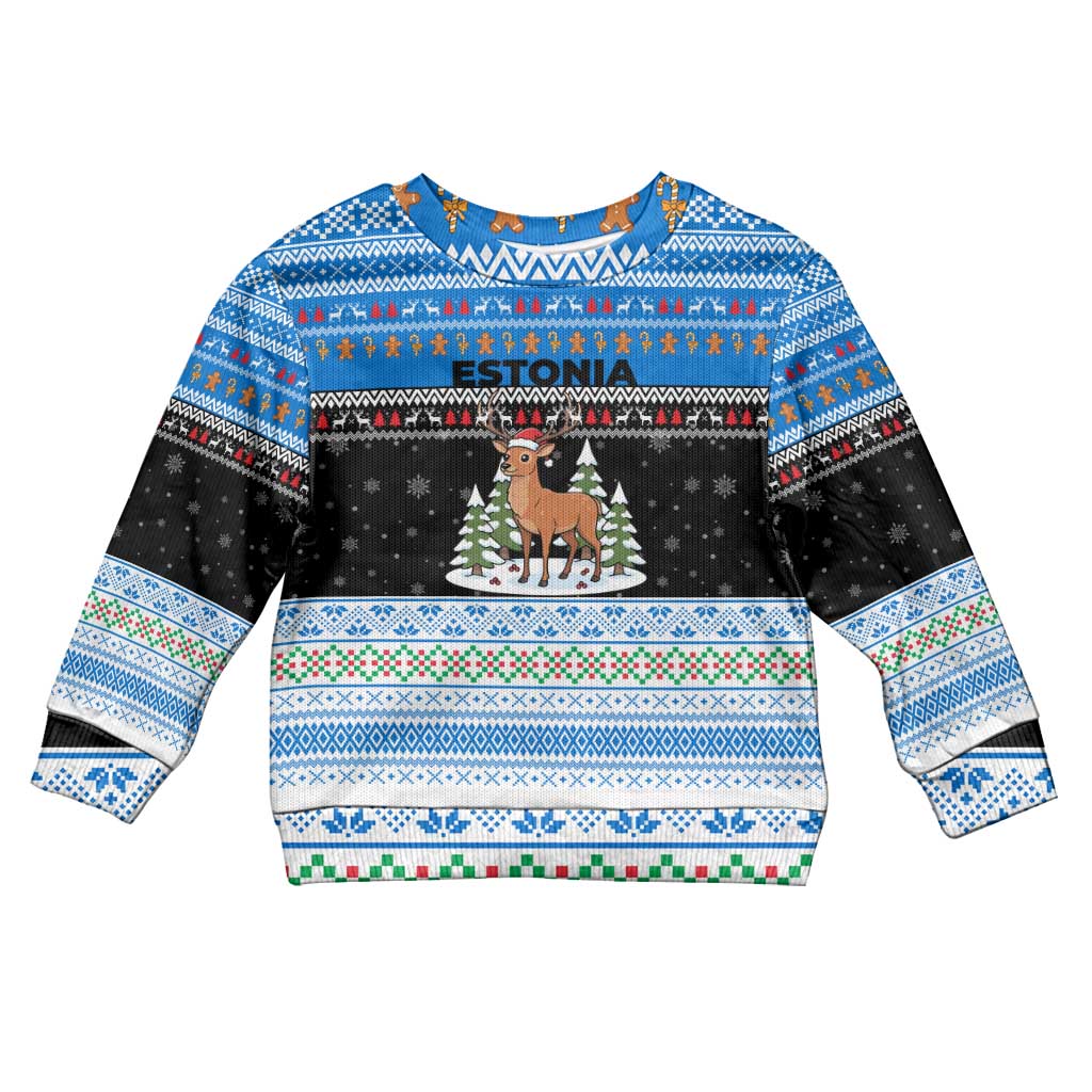 Estonia Christmas Kid Ugly Christmas Sweater with Reindeer Gingerbread Snowflakes National Emblem and Winter Forest - Wonder Print Shop