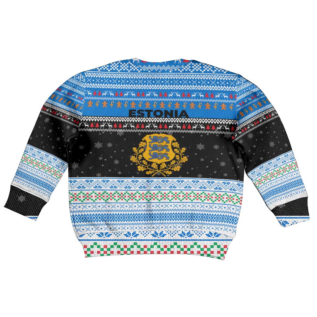 Estonia Christmas Kid Ugly Christmas Sweater with Reindeer Gingerbread Snowflakes National Emblem and Winter Forest - Wonder Print Shop