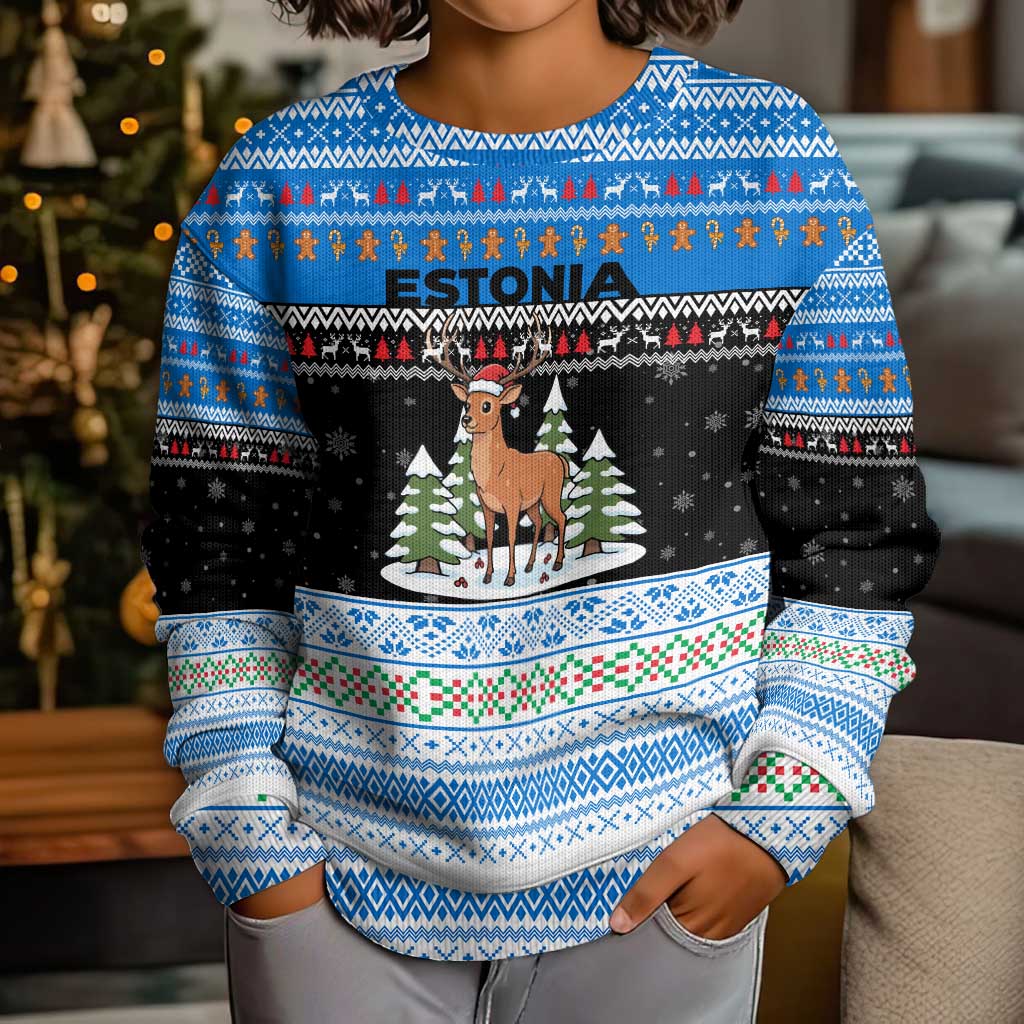 Estonia Christmas Kid Ugly Christmas Sweater with Reindeer Gingerbread Snowflakes National Emblem and Winter Forest - Wonder Print Shop