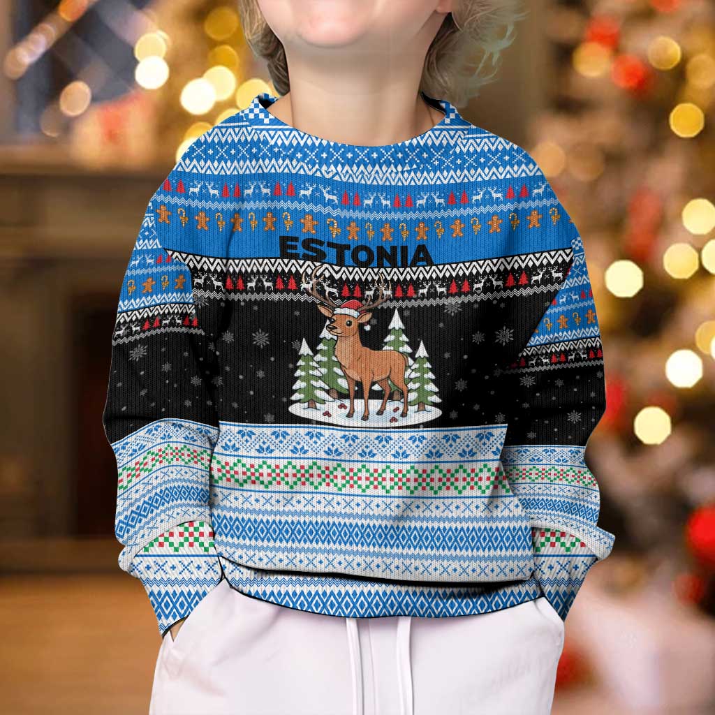 Estonia Christmas Kid Ugly Christmas Sweater with Reindeer Gingerbread Snowflakes National Emblem and Winter Forest - Wonder Print Shop