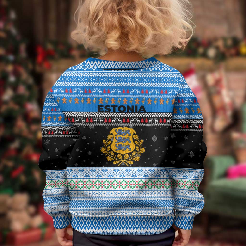 Estonia Christmas Kid Ugly Christmas Sweater with Reindeer Gingerbread Snowflakes National Emblem and Winter Forest - Wonder Print Shop