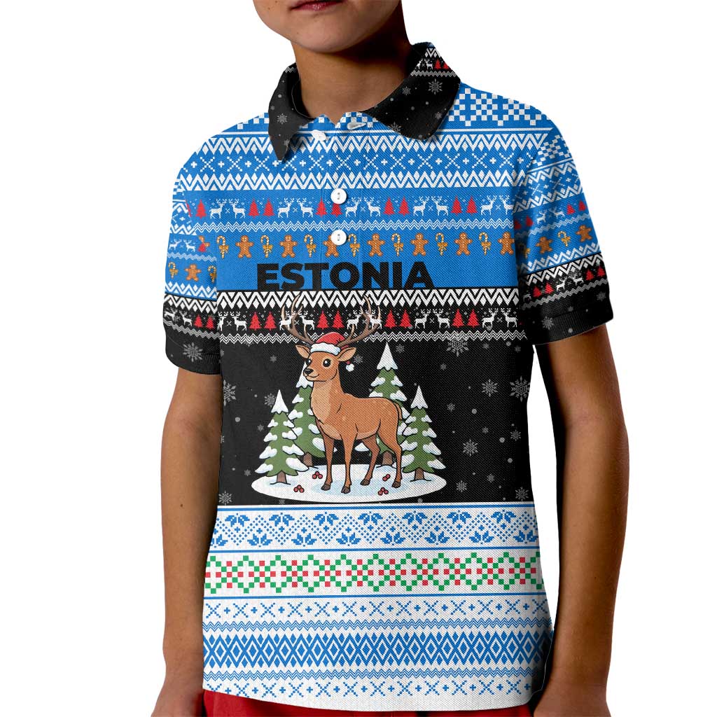 Estonia Christmas Kid Polo Shirt with Reindeer Gingerbread Snowflakes National Emblem and Winter Forest - Wonder Print Shop