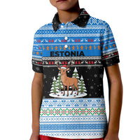 Estonia Christmas Kid Polo Shirt with Reindeer Gingerbread Snowflakes National Emblem and Winter Forest - Wonder Print Shop