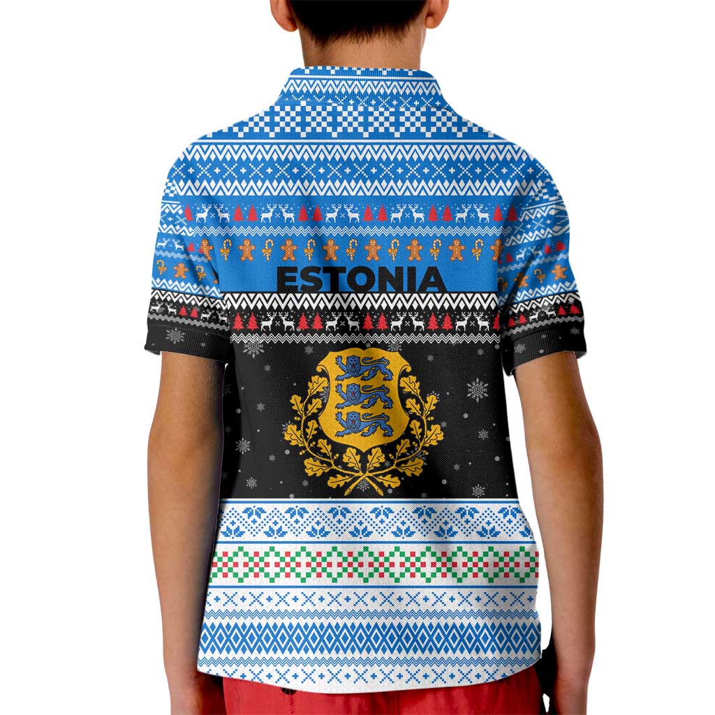 Estonia Christmas Kid Polo Shirt with Reindeer Gingerbread Snowflakes National Emblem and Winter Forest - Wonder Print Shop