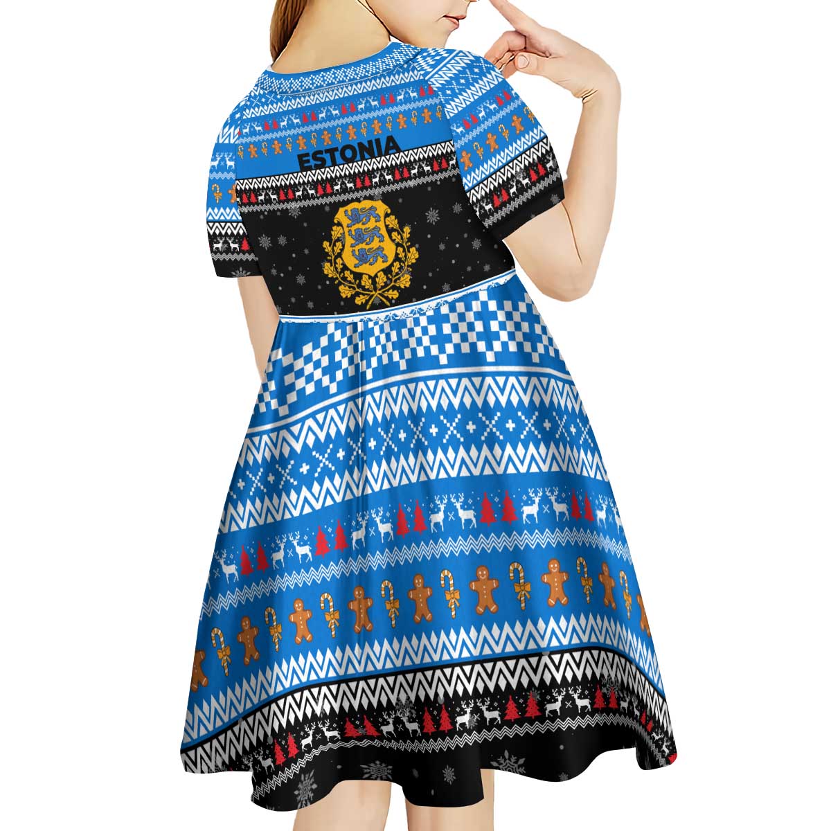 Estonia Christmas Kid Short Sleeve Dress with Reindeer Gingerbread Snowflakes National Emblem and Winter Forest - Wonder Print Shop