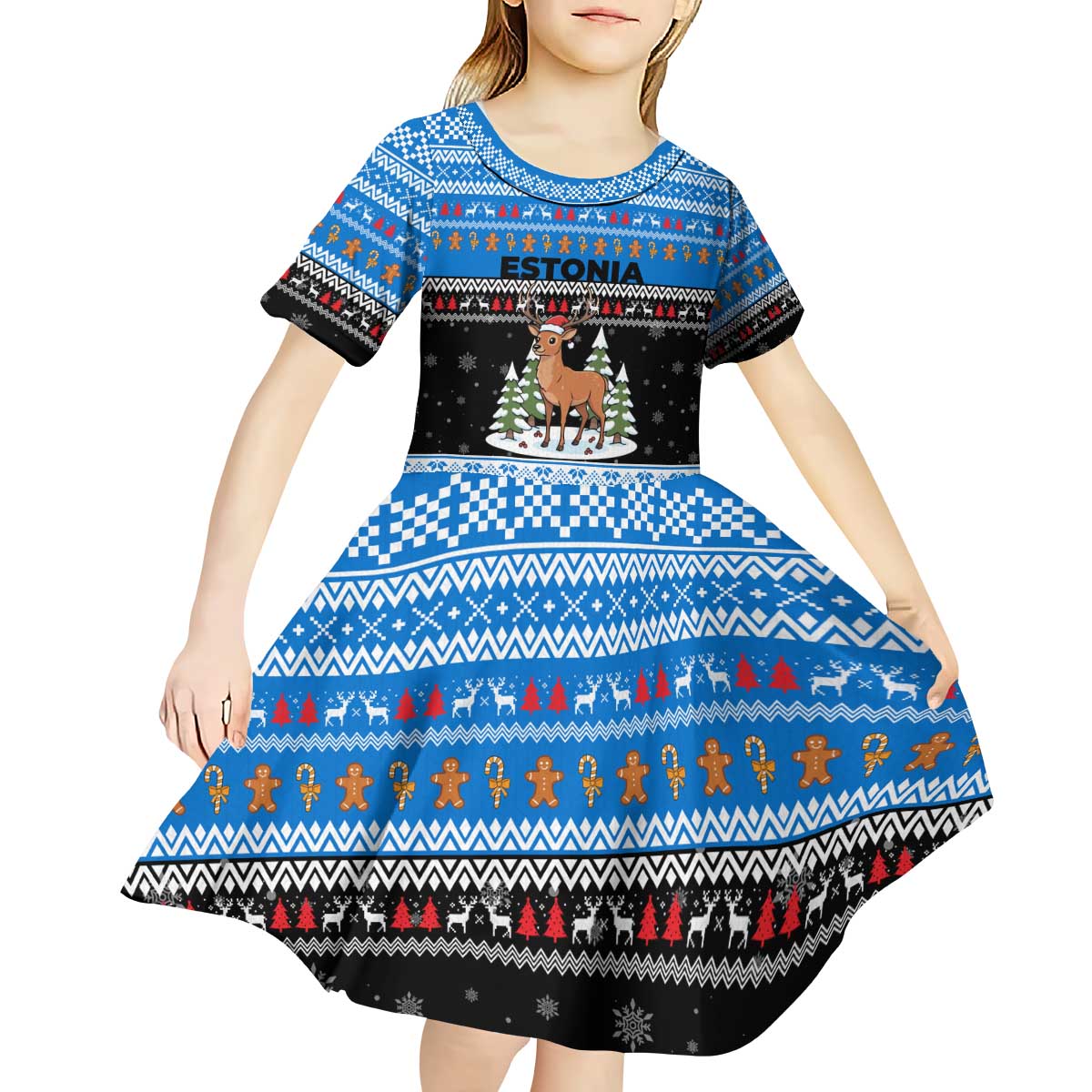 Estonia Christmas Kid Short Sleeve Dress with Reindeer Gingerbread Snowflakes National Emblem and Winter Forest - Wonder Print Shop