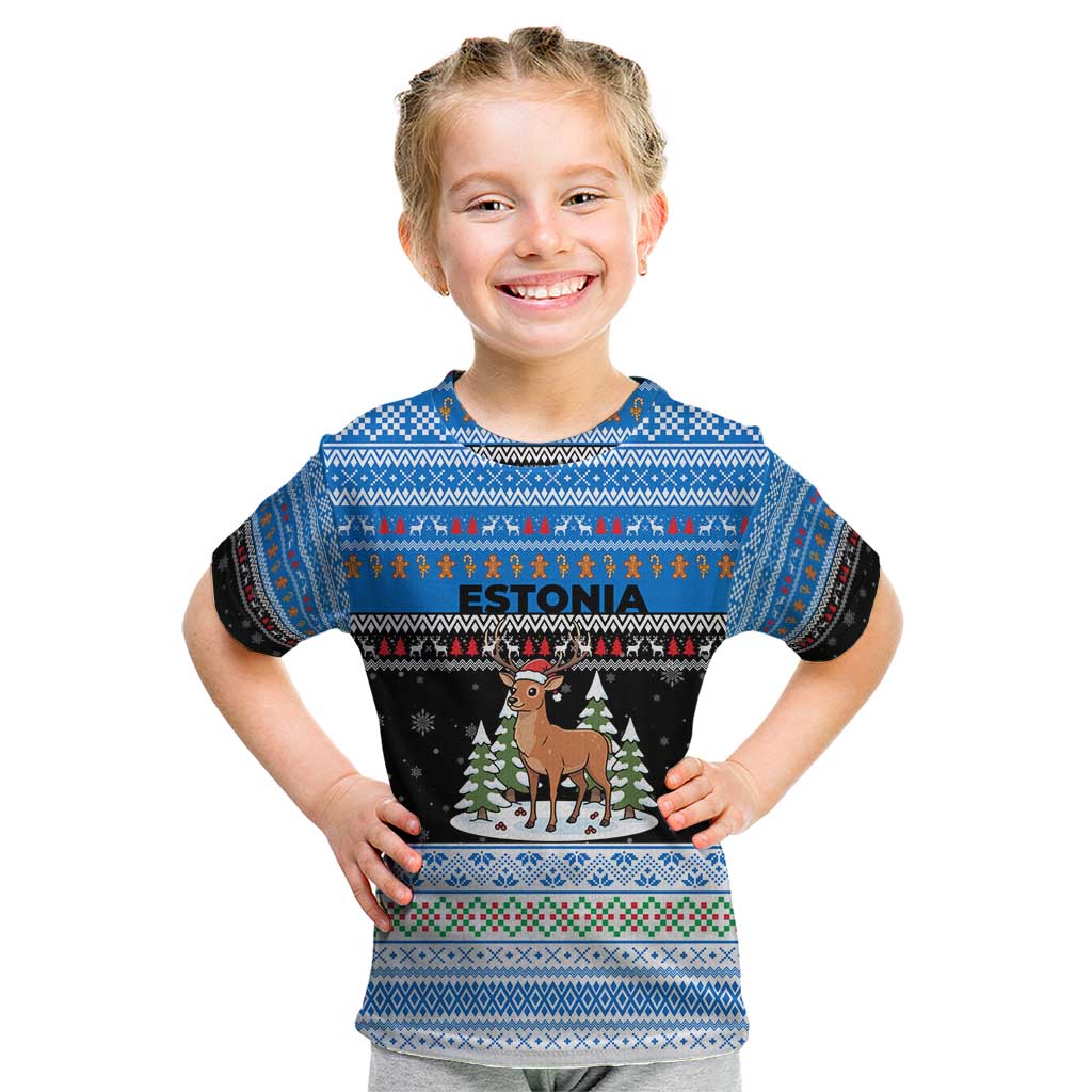 Estonia Christmas Kid T Shirt with Reindeer Gingerbread Snowflakes National Emblem and Winter Forest - Wonder Print Shop