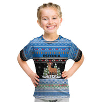 Estonia Christmas Kid T Shirt with Reindeer Gingerbread Snowflakes National Emblem and Winter Forest - Wonder Print Shop