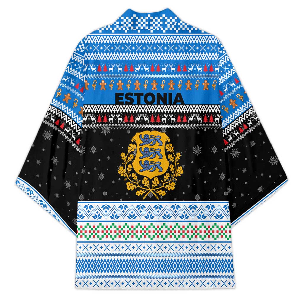 Estonia Christmas Kimono with Reindeer Gingerbread Snowflakes National Emblem and Winter Forest - Wonder Print Shop