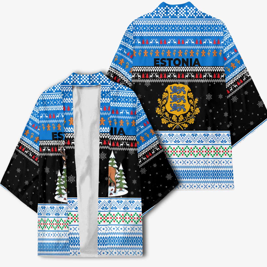 Estonia Christmas Kimono with Reindeer Gingerbread Snowflakes National Emblem and Winter Forest - Wonder Print Shop