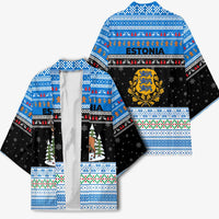 Estonia Christmas Kimono with Reindeer Gingerbread Snowflakes National Emblem and Winter Forest - Wonder Print Shop