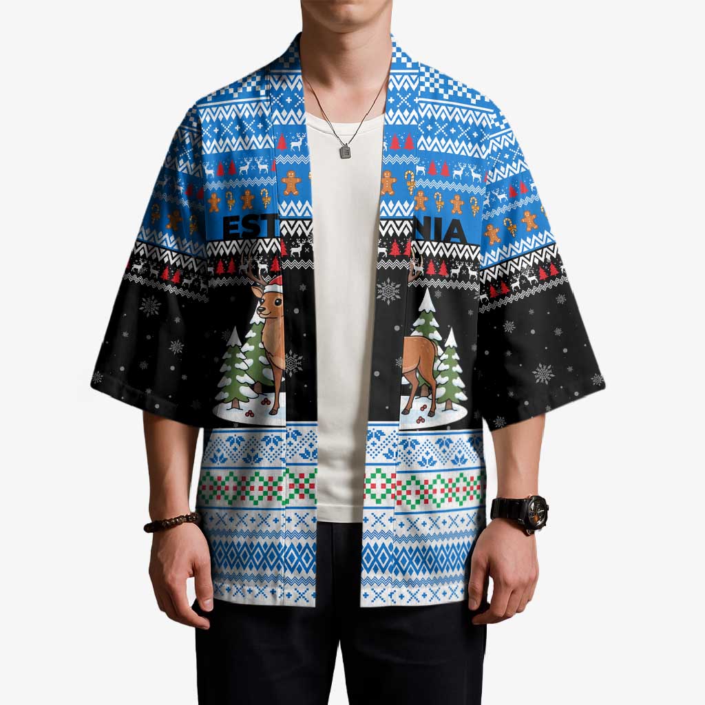 Estonia Christmas Kimono with Reindeer Gingerbread Snowflakes National Emblem and Winter Forest - Wonder Print Shop