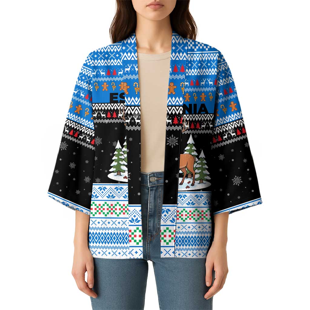 Estonia Christmas Kimono with Reindeer Gingerbread Snowflakes National Emblem and Winter Forest - Wonder Print Shop