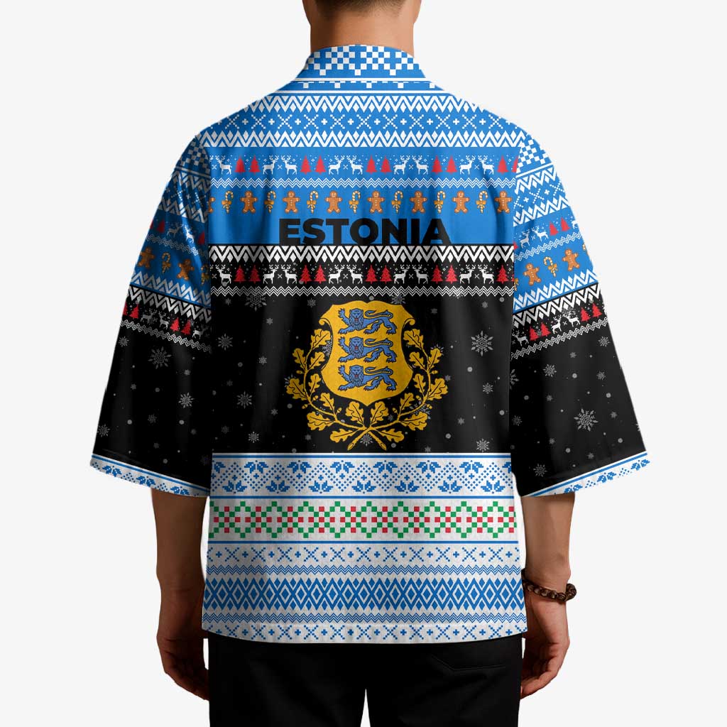 Estonia Christmas Kimono with Reindeer Gingerbread Snowflakes National Emblem and Winter Forest - Wonder Print Shop
