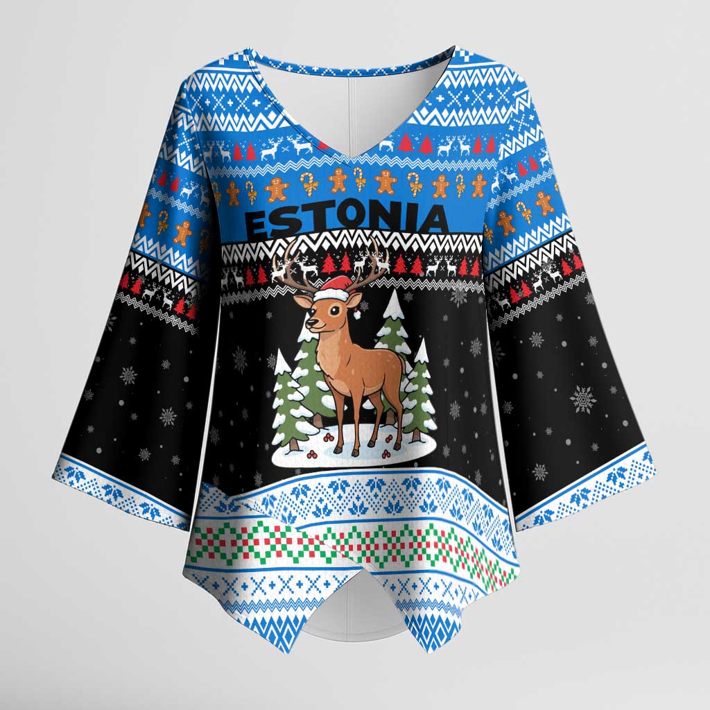 Estonia Christmas Kimono Sleeve Blouse with Reindeer Gingerbread Snowflakes National Emblem and Winter Forest - Wonder Print Shop