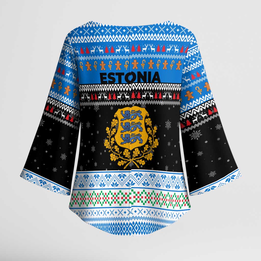 Estonia Christmas Kimono Sleeve Blouse with Reindeer Gingerbread Snowflakes National Emblem and Winter Forest - Wonder Print Shop