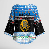 Estonia Christmas Kimono Sleeve Blouse with Reindeer Gingerbread Snowflakes National Emblem and Winter Forest - Wonder Print Shop