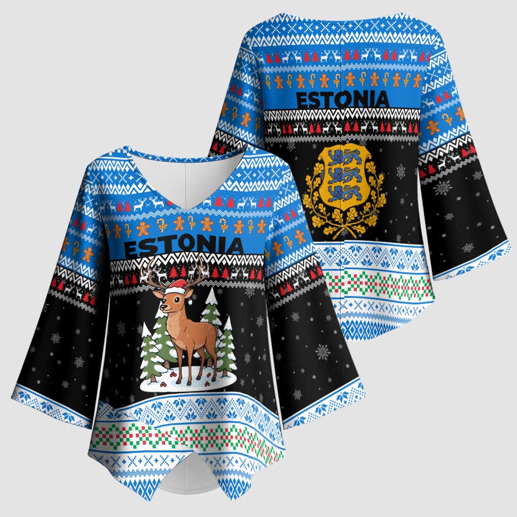 Estonia Christmas Kimono Sleeve Blouse with Reindeer Gingerbread Snowflakes National Emblem and Winter Forest - Wonder Print Shop
