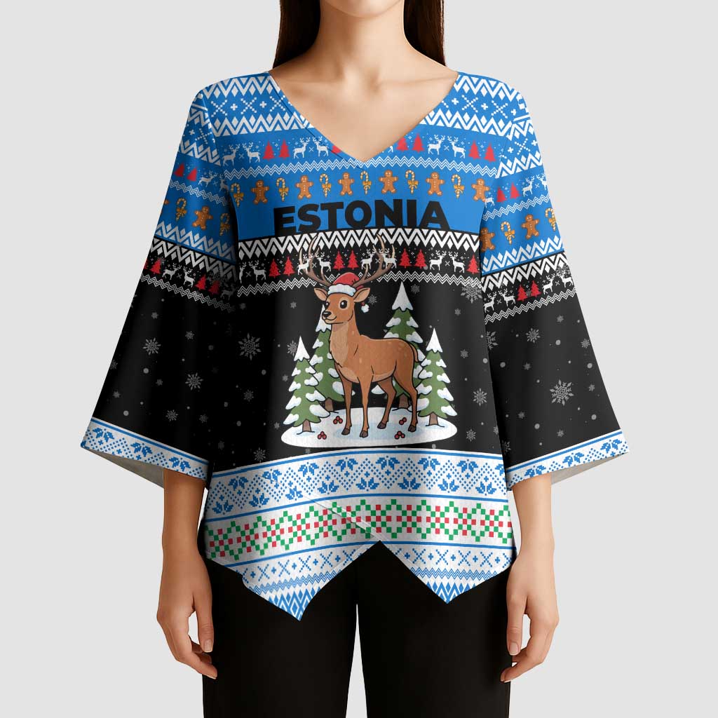 Estonia Christmas Kimono Sleeve Blouse with Reindeer Gingerbread Snowflakes National Emblem and Winter Forest - Wonder Print Shop
