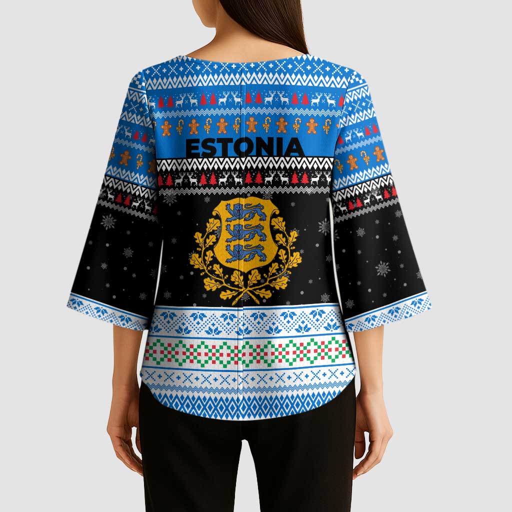 Estonia Christmas Kimono Sleeve Blouse with Reindeer Gingerbread Snowflakes National Emblem and Winter Forest - Wonder Print Shop