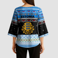 Estonia Christmas Kimono Sleeve Blouse with Reindeer Gingerbread Snowflakes National Emblem and Winter Forest - Wonder Print Shop