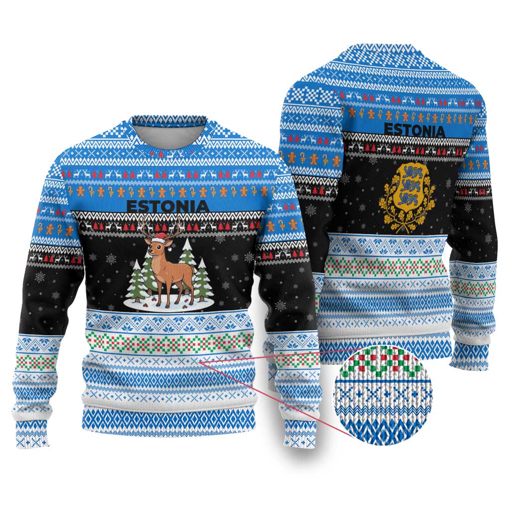 Estonia Christmas Ugly Christmas Sweater with Reindeer Gingerbread Snowflakes National Emblem and Winter Forest - Wonder Print Shop