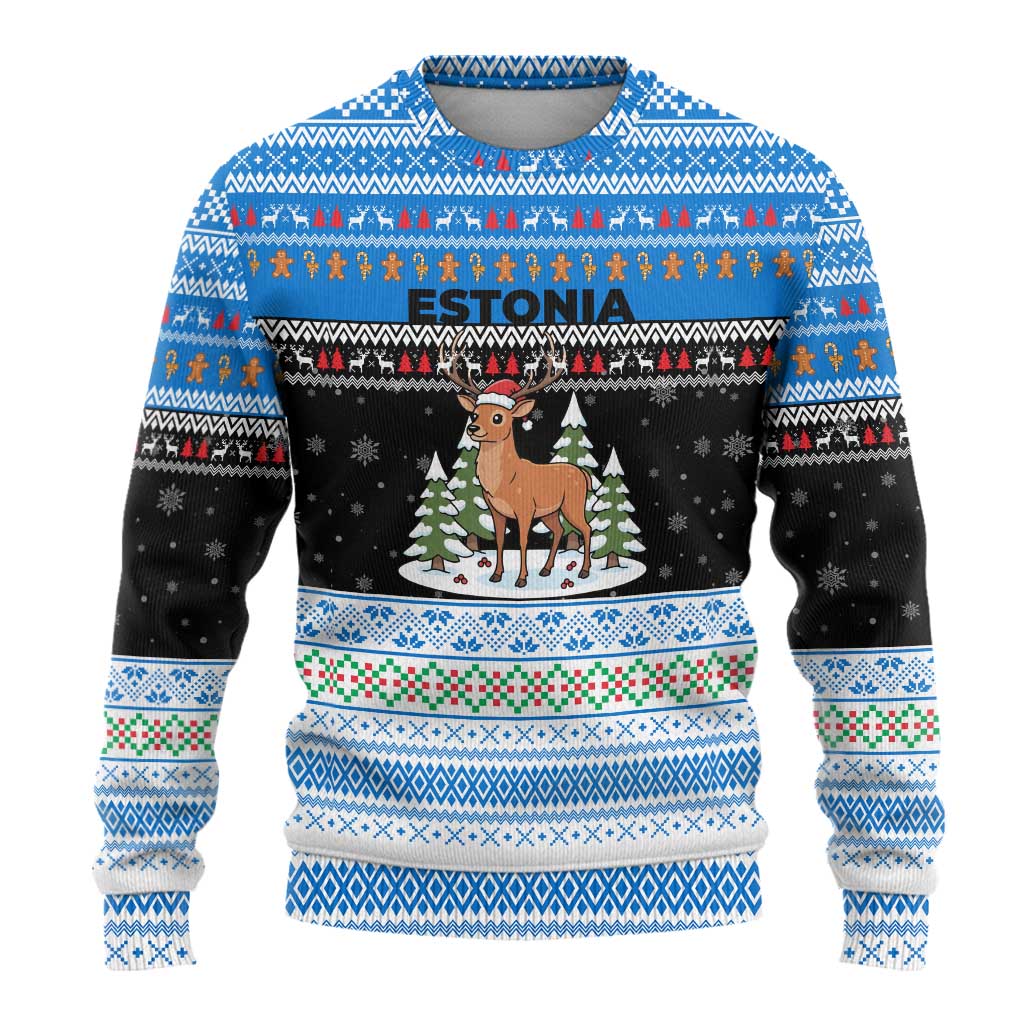 Estonia Christmas Ugly Christmas Sweater with Reindeer Gingerbread Snowflakes National Emblem and Winter Forest - Wonder Print Shop