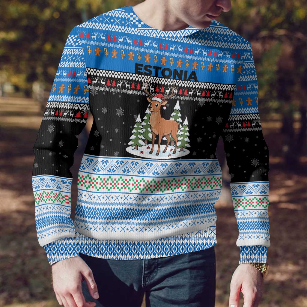 Estonia Christmas Ugly Christmas Sweater with Reindeer Gingerbread Snowflakes National Emblem and Winter Forest - Wonder Print Shop