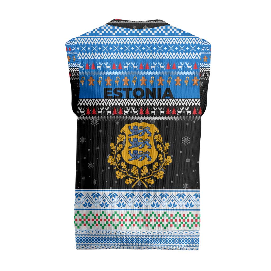 Estonia Christmas Knitted V-Neck Vest with Reindeer Gingerbread Snowflakes National Emblem and Winter Forest - Wonder Print Shop