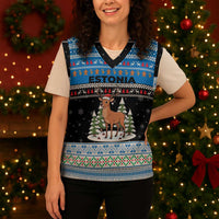 Estonia Christmas Knitted V-Neck Vest with Reindeer Gingerbread Snowflakes National Emblem and Winter Forest - Wonder Print Shop