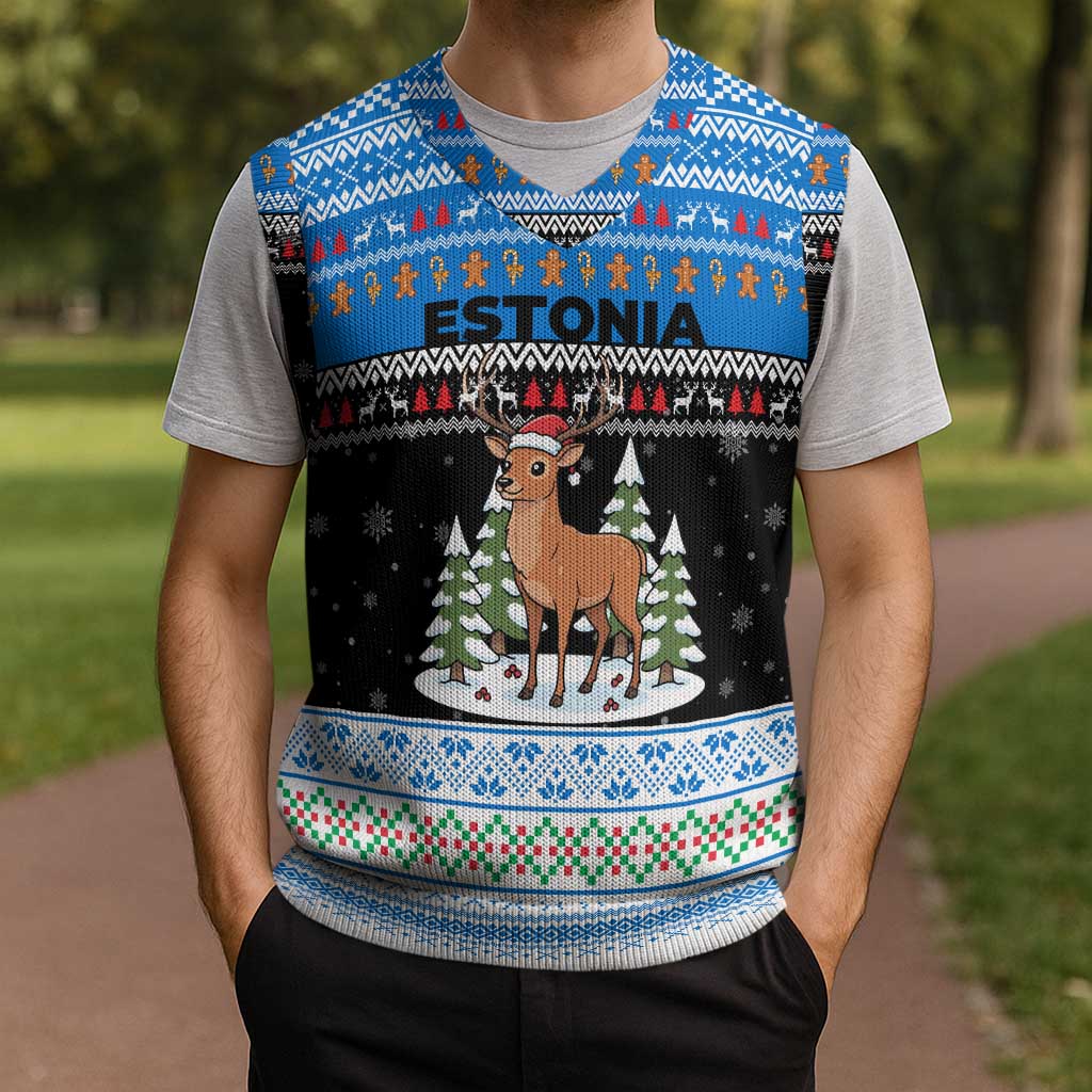 Estonia Christmas Knitted V-Neck Vest with Reindeer Gingerbread Snowflakes National Emblem and Winter Forest - Wonder Print Shop