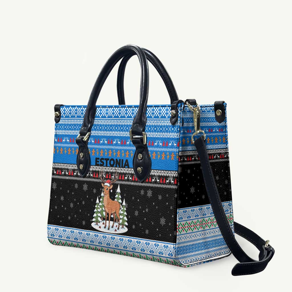 Estonia Christmas Leather Bag with Reindeer Gingerbread Snowflakes National Emblem and Winter Forest - Wonder Print Shop