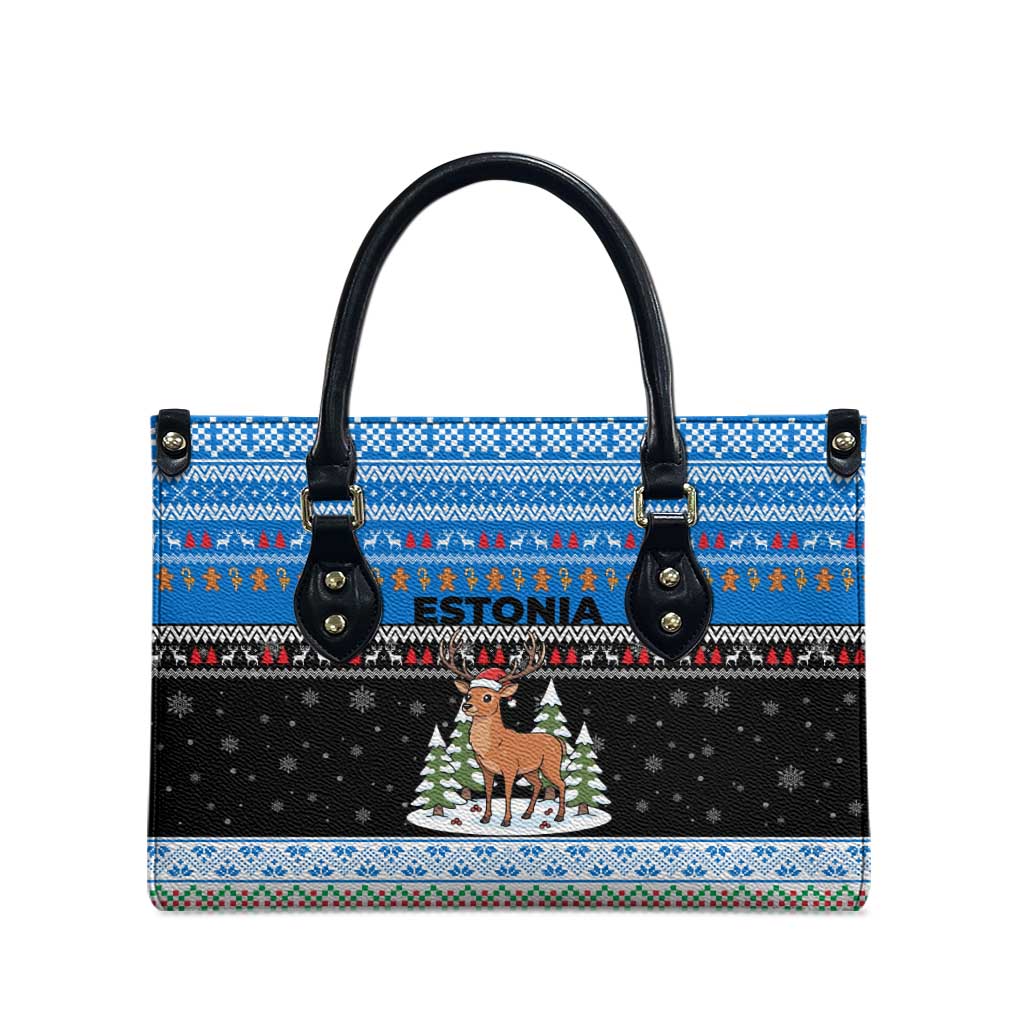 Estonia Christmas Leather Bag with Reindeer Gingerbread Snowflakes National Emblem and Winter Forest - Wonder Print Shop