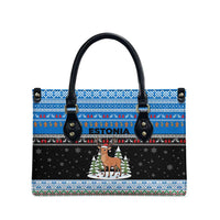 Estonia Christmas Leather Bag with Reindeer Gingerbread Snowflakes National Emblem and Winter Forest - Wonder Print Shop